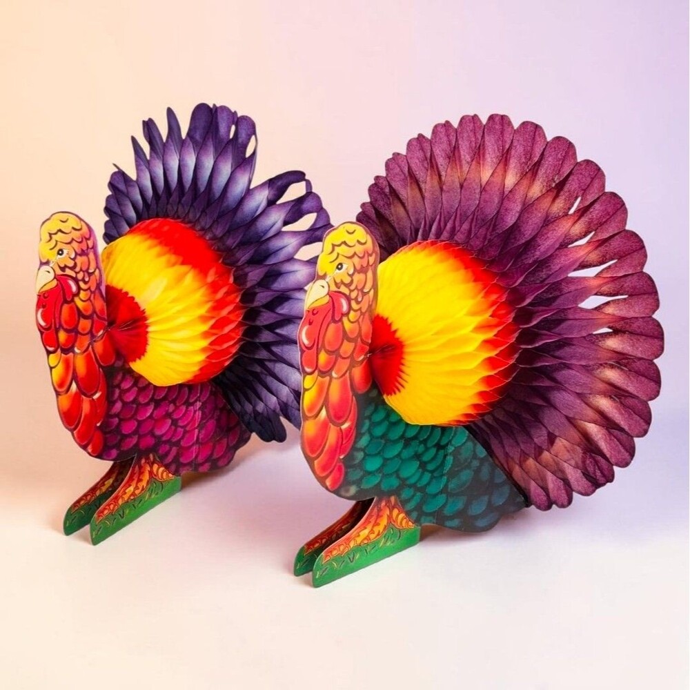 Pair Vintage Thanksgiving Honeycomb Turkey Centerpieces Purple Plumage 13 Inch